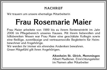 Traueranzeige von Rosemarie Maier von Memminger Zeitung