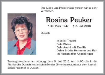 Traueranzeige von Rosina Peuker von Allgäuer Zeitung,Kempten