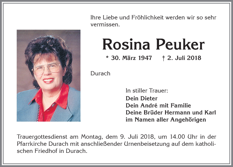  Traueranzeige für Rosina Peuker vom 07.07.2018 aus Allgäuer Zeitung,Kempten