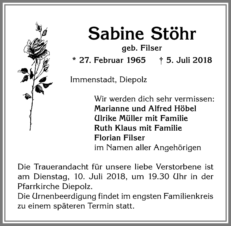  Traueranzeige für Sabine Stöhr vom 07.07.2018 aus Allgäuer Anzeigeblatt