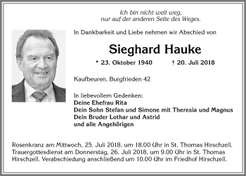 Traueranzeige von Sieghard Hauke von Allgäuer Zeitung, Kaufbeuren/Buchloe