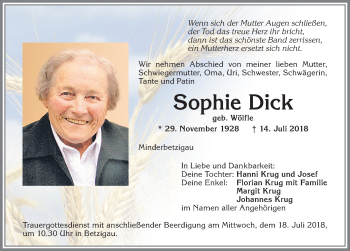 Traueranzeige von Sophie Dick von Allgäuer Zeitung,Kempten
