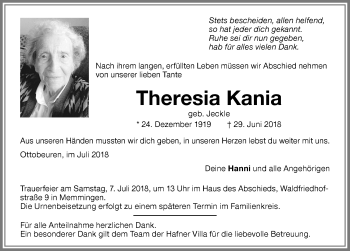 Traueranzeige von Theresia Kania von Memminger Zeitung