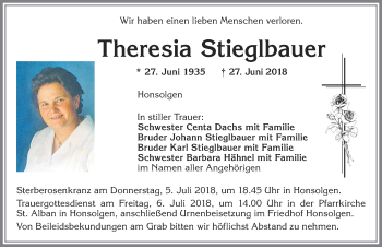 Traueranzeige von Theresia Stieglbauer von Allgäuer Zeitung, Kaufbeuren/Buchloe