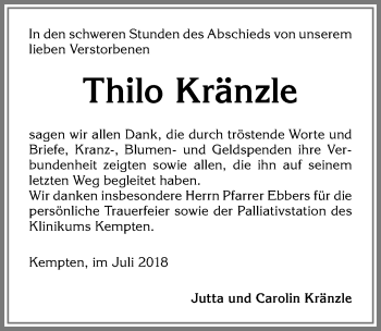 Traueranzeige von Thilo Kränzle von Allgäuer Zeitung,Kempten