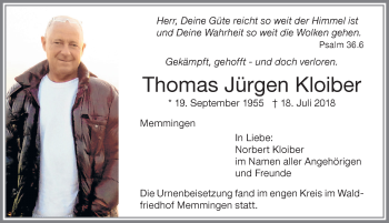 Traueranzeige von Thomas Jürgen Kloiber von Memminger Zeitung