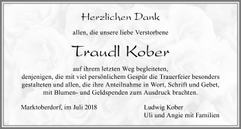 Traueranzeige von Traudl Kober von Allgäuer Zeitung, Marktoberdorf