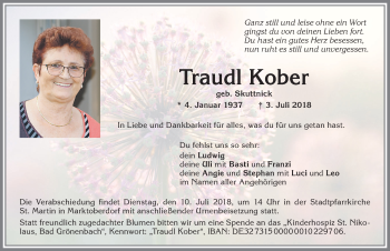Traueranzeige von Traudl Kober von Allgäuer Zeitung, Marktoberdorf