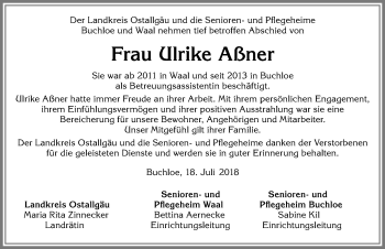 Traueranzeige von Ulrike Aßner von Allgäuer Zeitung, Kaufbeuren/Buchloe