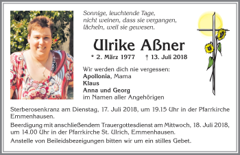 Traueranzeige von Ulrike Aßner von Allgäuer Zeitung, Kaufbeuren/Buchloe