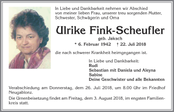 Traueranzeige von Ulrike Fink-Scheufler von Allgäuer Zeitung, Kaufbeuren/Buchloe