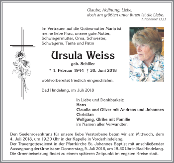 Traueranzeige von Ursula Weiss von Allgäuer Anzeigeblatt