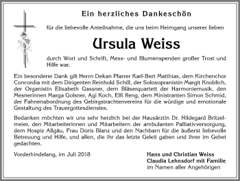 Traueranzeige von Ursula Weiss von Allgäuer Anzeigeblatt