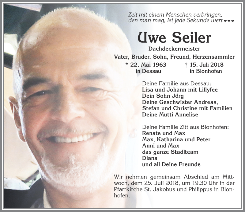  Traueranzeige für Uwe Seiler vom 21.07.2018 aus Allgäuer Zeitung, Kaufbeuren/Buchloe