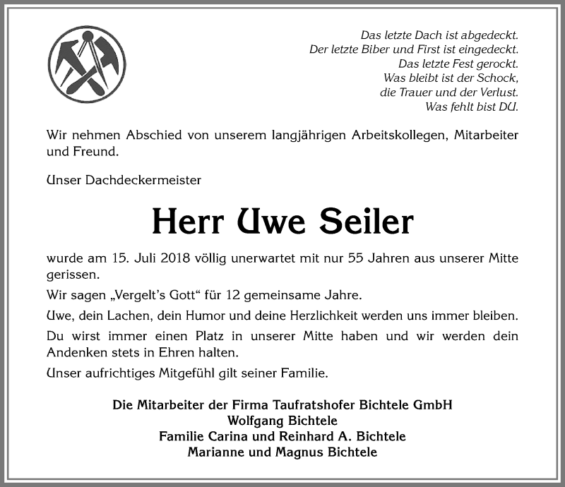  Traueranzeige für Uwe Seiler vom 21.07.2018 aus Allgäuer Zeitung, Kaufbeuren/Buchloe