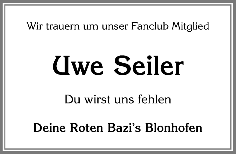  Traueranzeige für Uwe Seiler vom 21.07.2018 aus Allgäuer Zeitung, Kaufbeuren/Buchloe