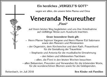 Traueranzeige von Veneranda Neureuther von Allgäuer Zeitung, Marktoberdorf