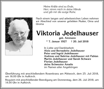Traueranzeige von Viktoria Jedelhauser von Allgäuer Zeitung, Kaufbeuren/Buchloe