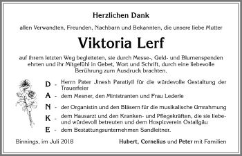Traueranzeige von Viktoria Lerf von Allgäuer Zeitung, Marktoberdorf