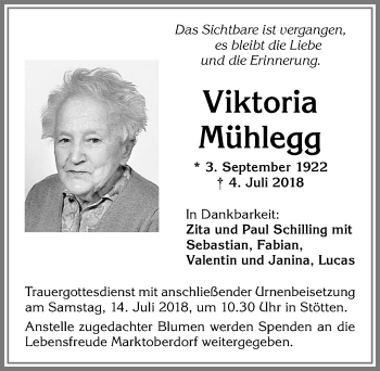 Traueranzeige von Viktoria Mühlegg von Allgäuer Zeitung, Marktoberdorf