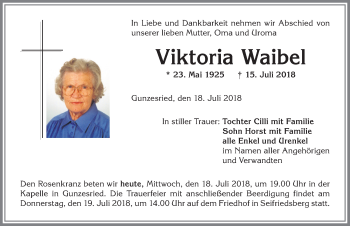 Traueranzeige von Viktoria Waibel von Allgäuer Anzeigeblatt