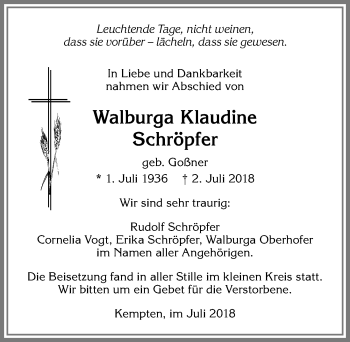 Traueranzeige von Walburga Klaudine Schröpfer von Allgäuer Zeitung,Kempten