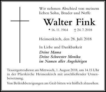 Traueranzeige von Walter Fink von Der Westallgäuer
