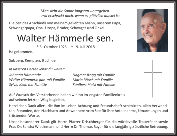 Traueranzeige von Walter Hämmerle von Allgäuer Zeitung,Kempten