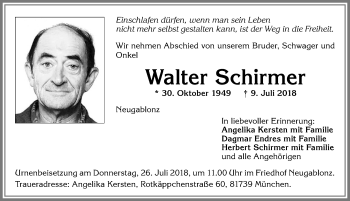 Traueranzeige von Walter Schirmer von Allgäuer Zeitung, Kaufbeuren/Buchloe