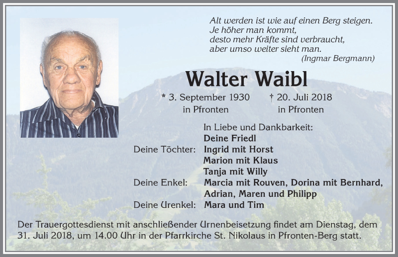  Traueranzeige für Walter Waibl vom 25.07.2018 aus Allgäuer Zeitung, Füssen