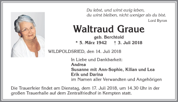Traueranzeige von Waltraud Graue von Allgäuer Zeitung,Kempten