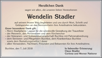 Traueranzeige von Wendelin Stadler von Allgäuer Zeitung, Kaufbeuren/Buchloe