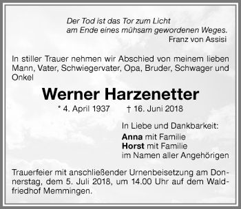 Traueranzeige von Werner Harzenetter von Memminger Zeitung