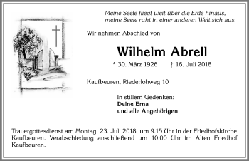 Traueranzeige von Wilhelm Abrell von Allgäuer Zeitung, Kaufbeuren/Buchloe