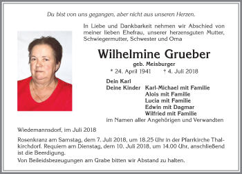 Traueranzeige von Wilhelmine Grueber von Allgäuer Anzeigeblatt