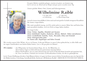 Traueranzeige von Wilhelmine Raible von Der Westallgäuer