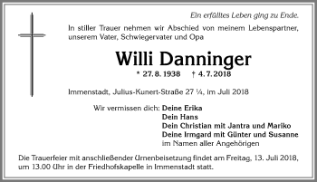 Traueranzeige von Willi Danninger von Allgäuer Anzeigeblatt