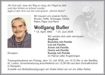Traueranzeige von Wolfgang Bufler von Allgäuer Zeitung