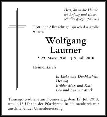 Traueranzeige von Wolfgang Laumer von Der Westallgäuer