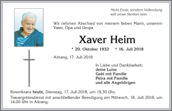 Traueranzeige von Xaver Heim von Allgäuer Zeitung, Marktoberdorf