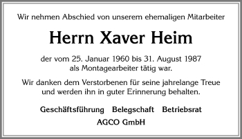 Traueranzeige von Xaver Heim von Allgäuer Zeitung, Marktoberdorf