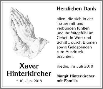 Traueranzeige von Xaver Hinterkircher von Allgäuer Zeitung, Marktoberdorf