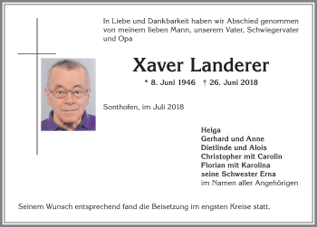 Traueranzeige von Xaver Landerer von Allgäuer Anzeigeblatt