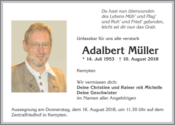 Traueranzeige von Adalbert Müller von Allgäuer Zeitung,Kempten