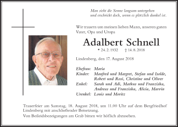 Traueranzeige von Adalbert Schnell von Der Westallgäuer