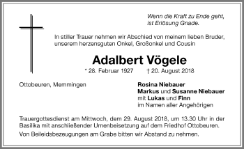 Traueranzeige von Adalbert Vögele von Memminger Zeitung