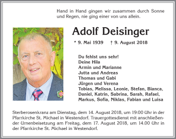 Traueranzeige von Adolf Deisinger von Allgäuer Zeitung, Kaufbeuren/Buchloe