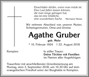 Traueranzeige von Agathe Gruber von Allgäuer Zeitung,Kempten