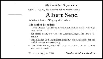 Traueranzeige von Albert Send von Der Westallgäuer