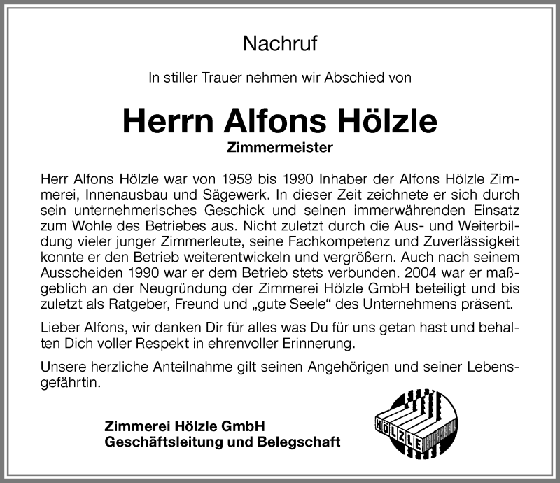  Traueranzeige für Alfons Hölzle vom 09.08.2018 aus Memminger Zeitung